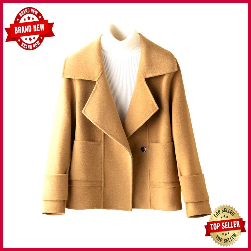 Slim Fit Cropped Wool Pea Coat with Notched Lapel and Pockets
